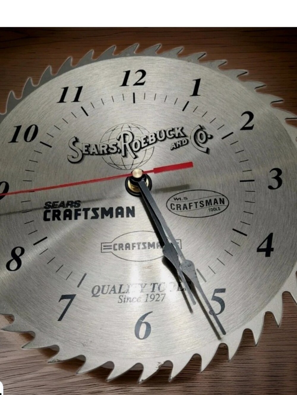 Sears Roebuck Silver Saw Blade Wall Clock with Red Accent -10" Sears Craftsman